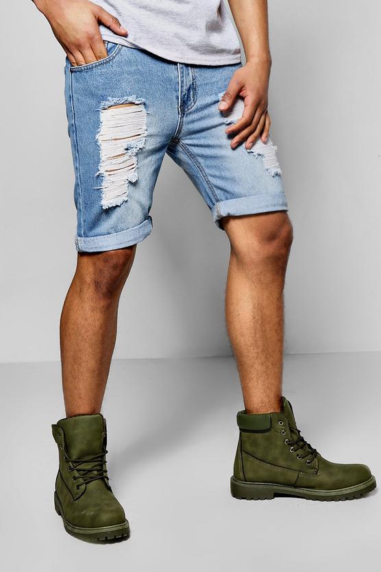 Skinny Fit Rigid Denim Shorts with Extreme Rips